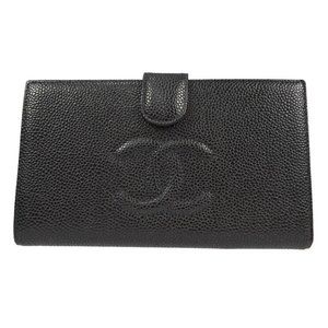 Chanel Long Bifold Wallet Purse Black Caviar Skin